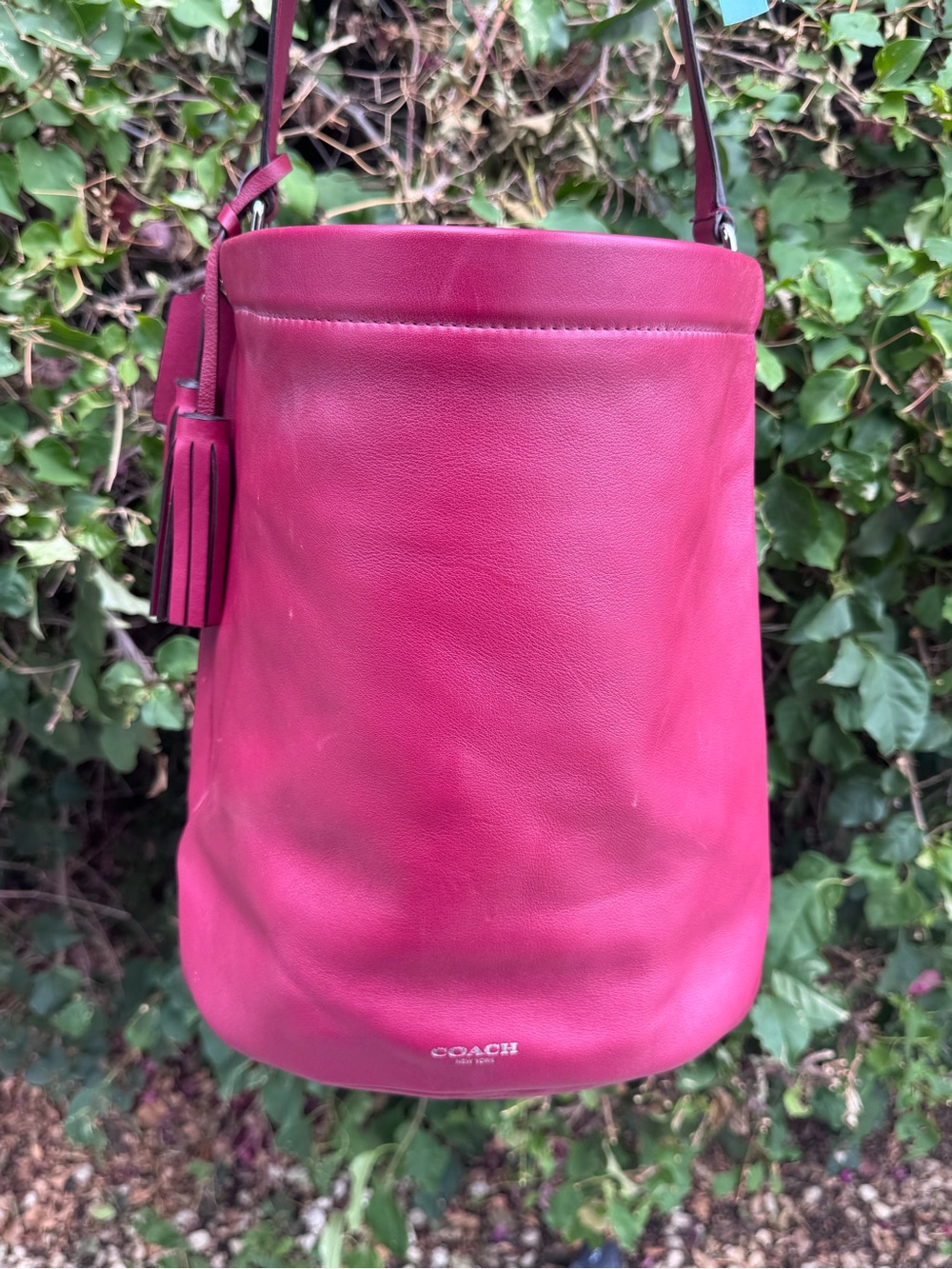 Coach Fuchsia Leather Bucket Bag with Tassel